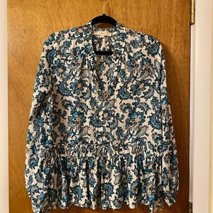 Loft Floral Ruffle Tie V-Neck Long Sleeve Top Size M
